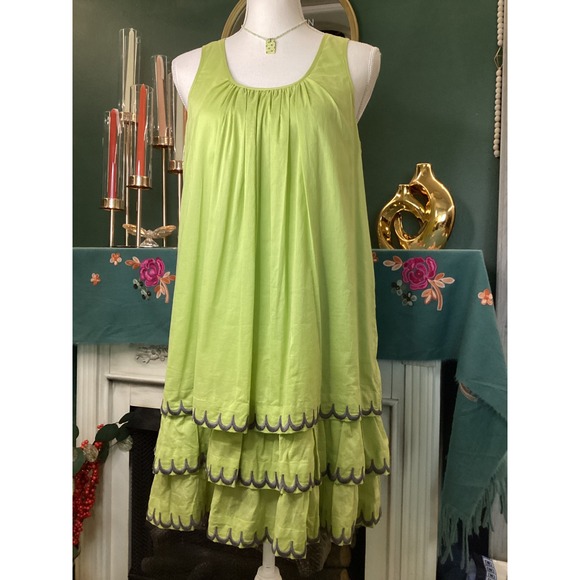 Uncle Frank Dresses & Skirts - Uncle Frank Lime Green Tiered Scalloped Embroidered Cotton Babydoll Dress Medium